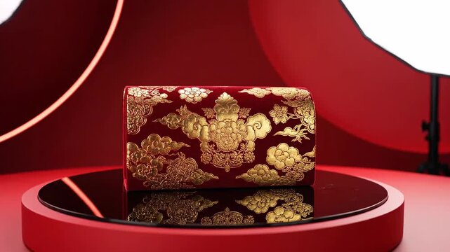 A luxurious gold and red patterned box sits on a circular red platform in a modern studio setting with dramatic lighting.