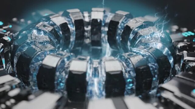 Circular processor architecture with glowing energy core components integrated into a complex hardware circuit board layout.