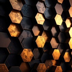 Artistic abstract honeycomb pattern with hexagonal tiles, dark gold and black color palette