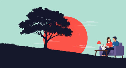 Serene silhouette scene with a couple and dog watching sunset under a large tree