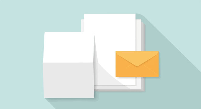 Stack of white papers and an orange envelope on a light blue background