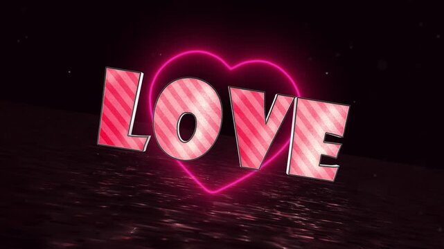 The word love is shown in pink neon lights on a black background