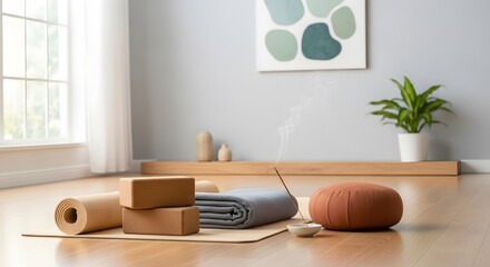 Serene yoga room with natural light and essential props