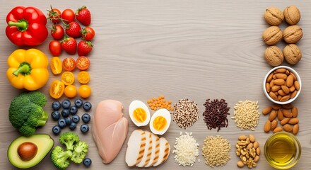 Variety of healthy foods for balanced diet and nutrition