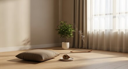 Serene meditation room with natural light and calming elements