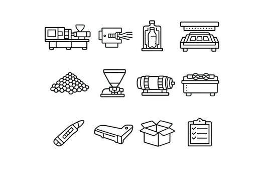 Plastic Manufacturing. Line outline icon set of Plastic Manufacturing: injection molding