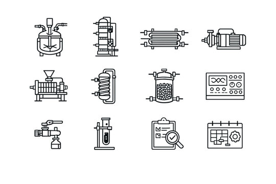 Industrial Chemistry. Line outline icon set of Industrial Chemistry: chemical reactor,