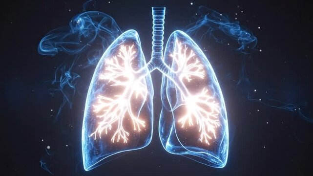 Illustration of human lungs with glowing veins, representing respiratory health and medical technology.