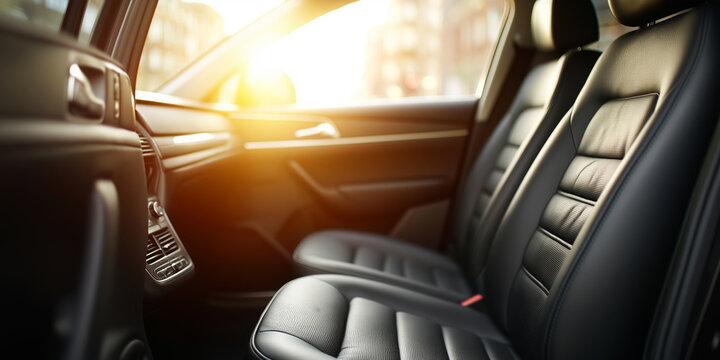 Luxury car interior featuring dark leather seats, dashboard elements, and a shining sun flare through the window