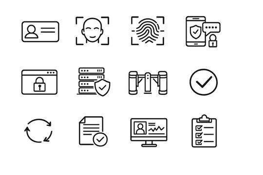 Identity Authentication Systems. Line outline icon set of Identity Authentication Systems: