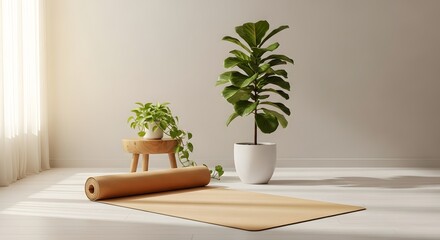 Serene indoor yoga setup with plants and natural light