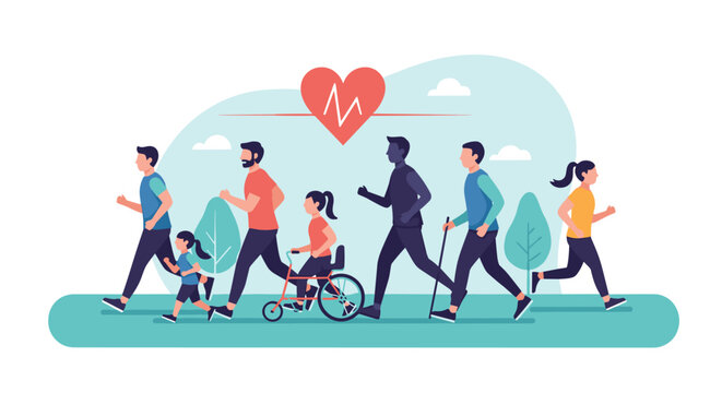 Diverse group running toward health and vitality with heart symbol, promoting inclusivity and wellness for healthy lifestyle campaigns