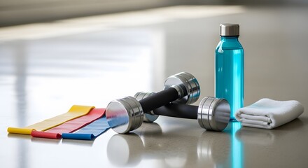 Fitness and gym essentials on a reflective surface