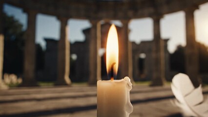 Candle flame in ancient stone ruins at sunset, warm memorial light for remembrance and grief, travel heritage mood for All Souls Day reflection