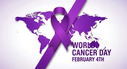 World cancer day awareness ribbon on a global map background for february 4th