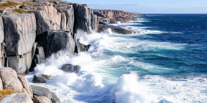 Powerful ocean waves crashing against rugged granite cliffs on a dramatic, raw coastline seascape