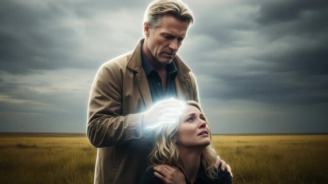 Man placing glowing hand on woman head in dramatic field under stormy sky