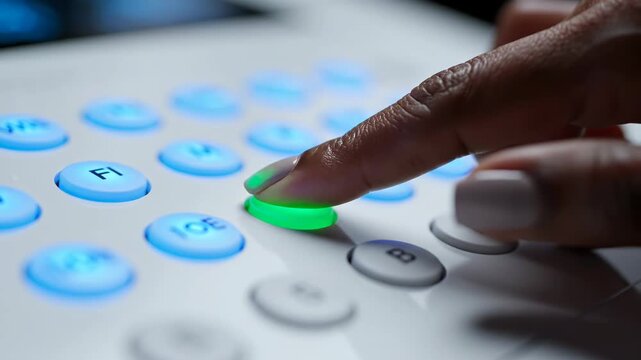 Closeup of a persons finger pressing a blue button on a control panel with illuminated buttons