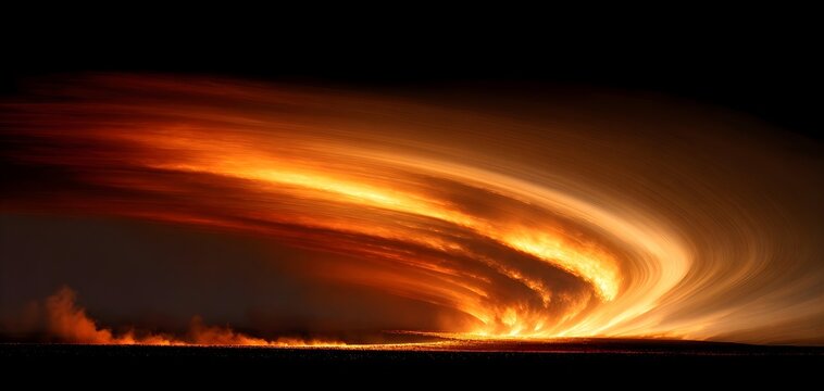 Intense wildfire sweeping across dark landscape with orange flames and swirling smoke at night