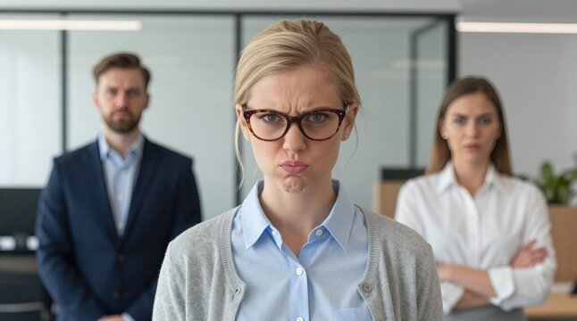 Frustrated young businesswoman pouting and frowning dramatically in a corporate office setting, symbolizing workplace disagreement, disappointment, or team conflict.