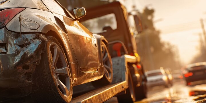 The damaged sports car on a tow truck during sunset roadside recovery and traffic
