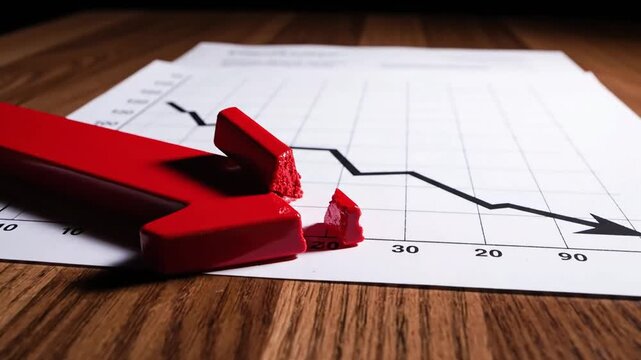 Broken red brick shattering a downward trending financial graph symbolizing economic downturn business failure market crash and investment loss concepts