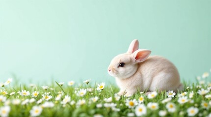Fototapeta premium Cute beige bunny sitting in a meadow of daisies. Happy Easter background with copy space for text. Spring holiday concept