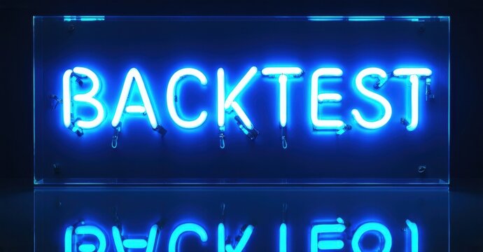 Bright neon sign displays BACKTEST. Reflection visible below. Dark background enhances glowing blue letters, modern aesthetic.