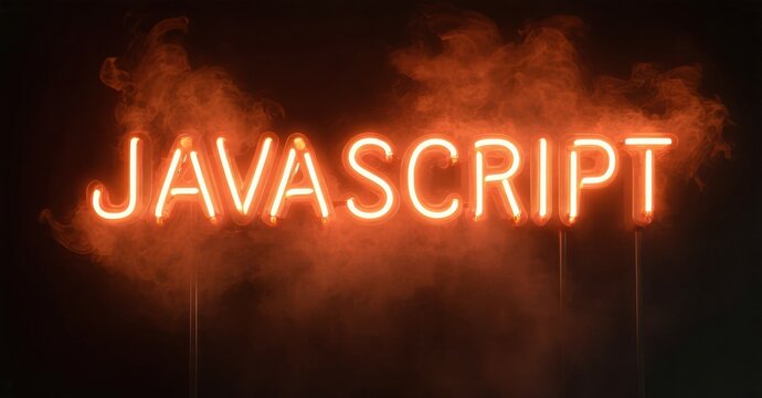 Bright neon sign displays JAVASCRIPT. Smoke surrounds glowing text, creating dramatic visual effect. Dark background enhances illumination.
