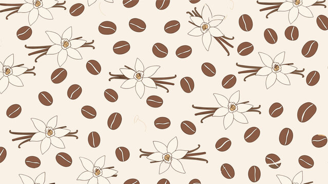 Seamless pattern with aromatic coffee beans and delicate vanilla flowers for cafe and kitchen interior decor.