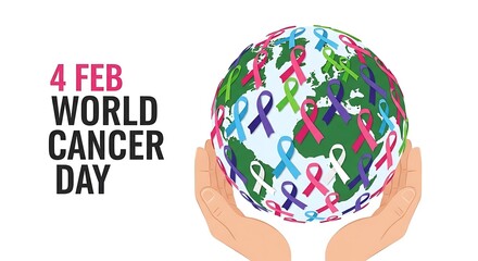 World cancer day awareness image with hands holding a globe adorned with ribbons
