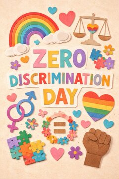 Colorful paper cut illustration for Zero Discrimination Day with equality symbols, rainbow hearts, gender icons and social justice elements. Inclusive diversity concept.

