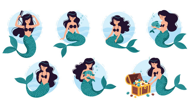 Set of magical mermaid illustrations in different poses showing underwater life activities like combing hair and finding treasure.