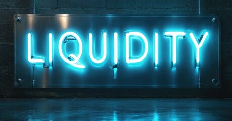 Fototapeta premium Bright neon sign spells liquidity. Dark background, concrete wall, reflective floor create dramatic lighting effect. Modern aesthetic.