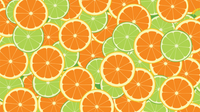 Colorful and refreshing seamless pattern of overlapping orange and lime citrus slices for a vibrant and energetic summer theme.