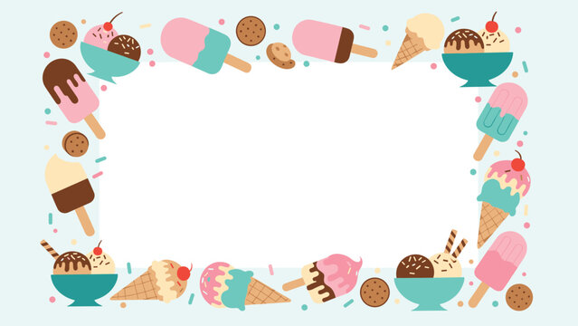 Cheerful frame border composed of various ice cream treats, popsicles, and cookies on a soft light blue background.