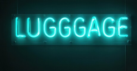 Obraz premium Bright neon sign spells LUGGAGE. Turquoise glow contrasts dark background. Simple, modern aesthetic. Minimalist design.