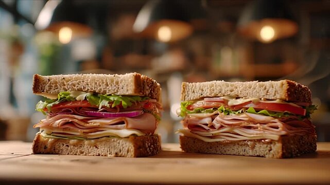 Freshly Made Deli Sandwiches Steaming on Wooden Table