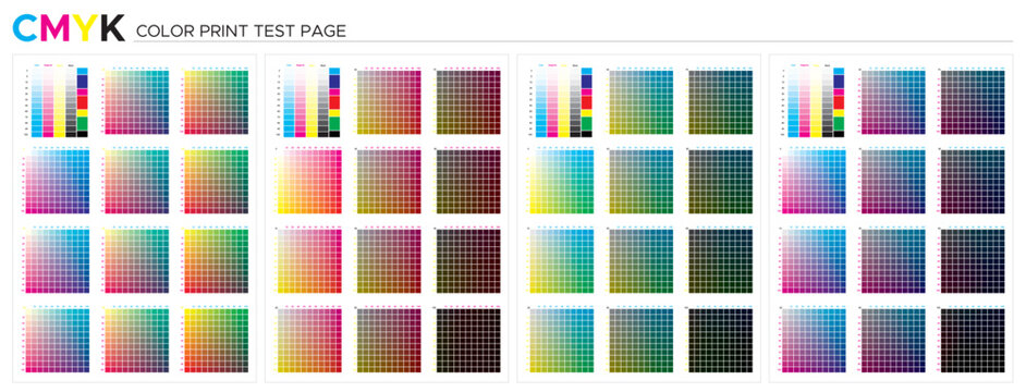 Color chart CMYK. Test page. CMYK process printing match. Cyan, magenta, yellow, black. Press table palette, color management, quality control in print production, prepress to choose color samples