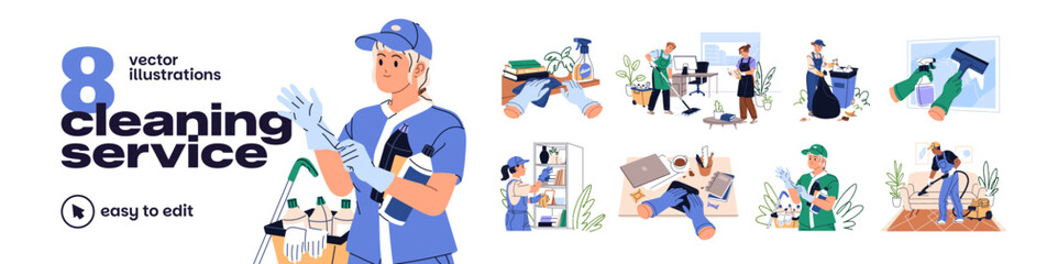 Naklejka na ściany i meble Cleaning service set. Housekeeping company workers do cleanup in apartments. Cleaners in uniform do housework: wash, clean with detergent, wipe dust. Flat isolated vector illustrations on white