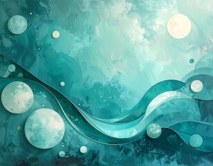 Artistic abstract painting in teal and white with circles and wavy lines