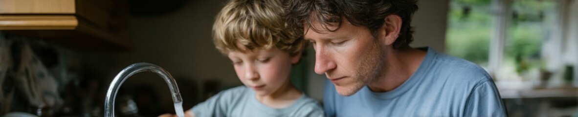 Obraz premium Caucasian father and young son at kitchen sink, teaching handwashing and hygiene, warm family bonding at home, health education for winter flu season