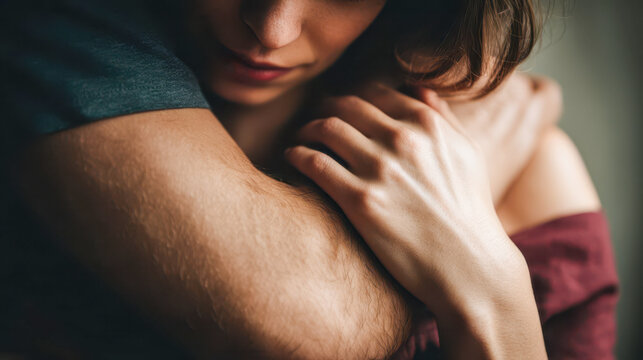 Intimate close-up of tender embrace with hands on shoulders, concept of emotional connection, trust and human relationships