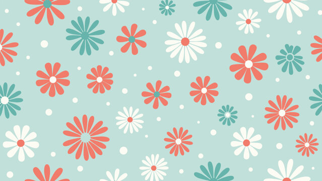 Seamless floral pattern with white and red daisies and small dots on a light teal background for a vintage look.
