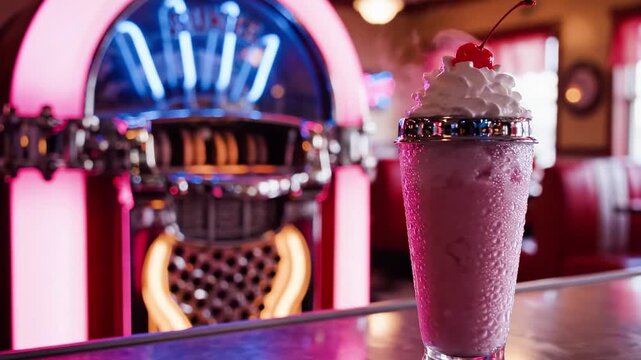 A pink milkshake with whipped cream and a cherry on top sits on a counter in front of a vintage jukebox