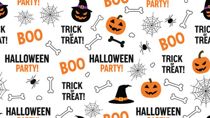 Halloween party seamless pattern with pumpkins ghosts skulls spider webs and festive text on a clean white background.