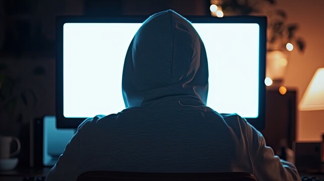 Hooded figure facing blank monitor intense latenight coder session in dim home office, blue screen glow casting silhouette, hands on keyboard, coffee cup, cables and focused posture conveying
