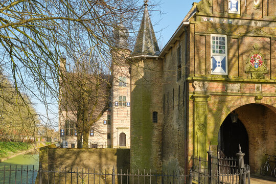 View of the Poptaslot in Marsum Friesland The Netherlands in spring. Poptaslot also called Azingastate or Heringastate is a stins and built in the 15th century.	