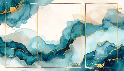Artistic abstract watercolor painting in teal and gold with ornate golden rectangular frames