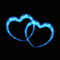 Naklejka premium Blue fire burning two heart shapes on black background, flaming love symbol, realistic fiery rings with tongues of flame